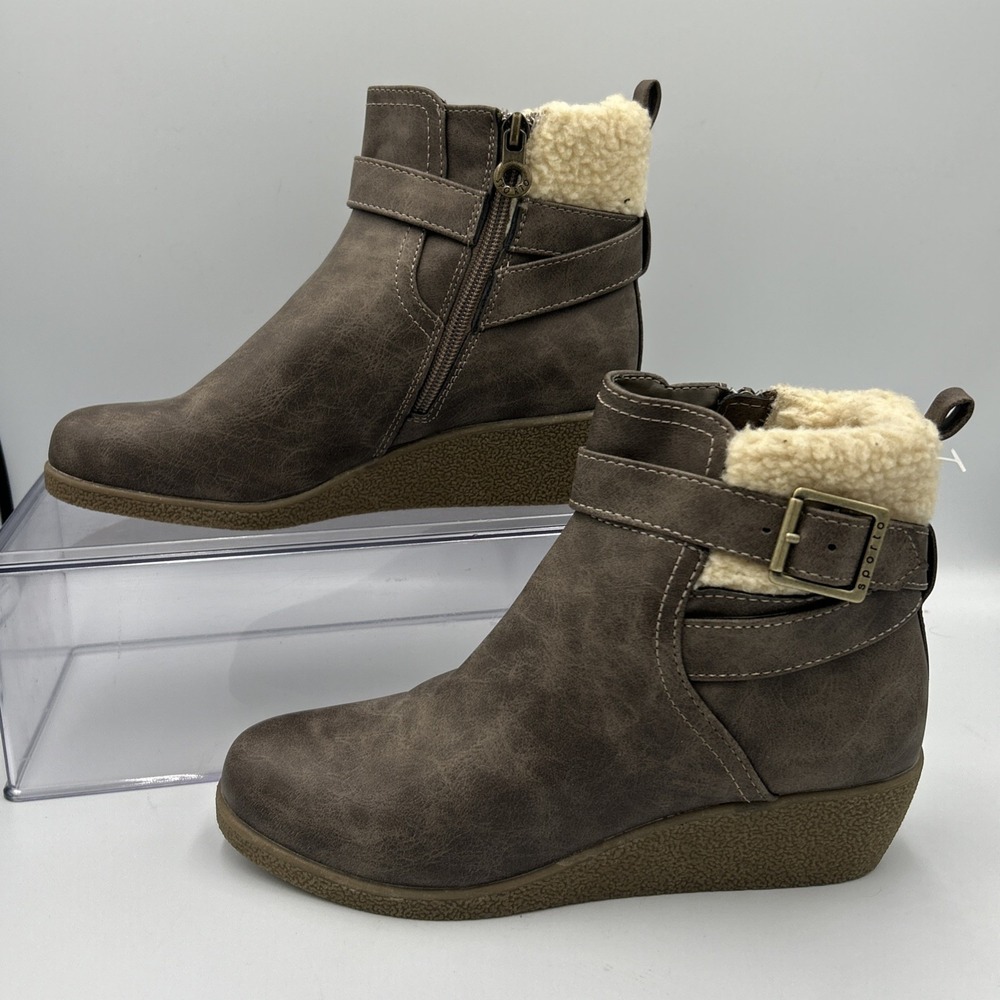 Faux Leather Wedge Ankle Boots Brown Faux Fur Trim Buckle Zip Up Size 7 Eco